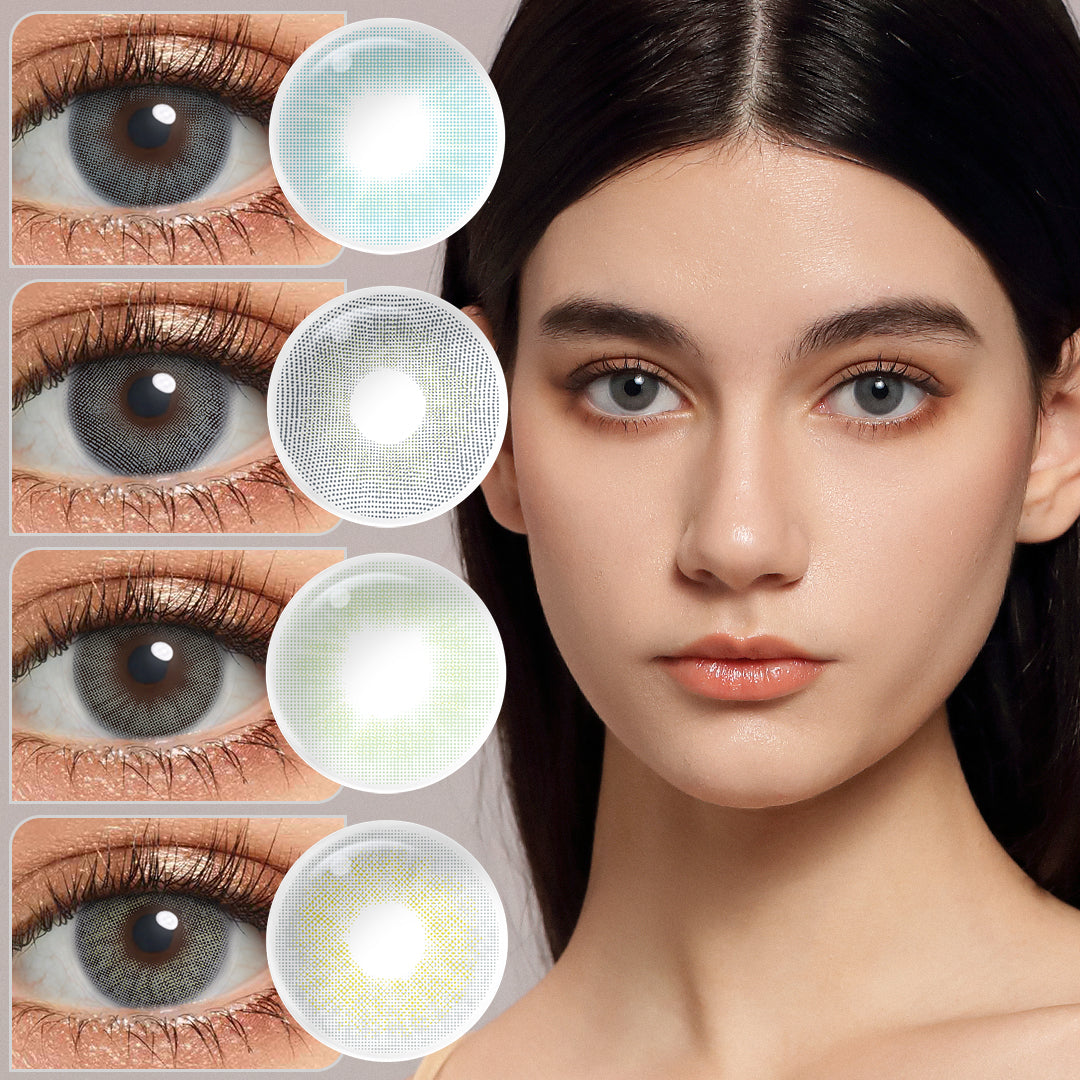 A young lady showcasing Cloud colored contacts, with close-up insets highlighting the natural and enhanced eye colors available.