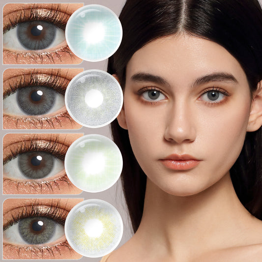 A young lady showcasing Cloud colored contacts, with close-up insets highlighting the natural and enhanced eye colors available.