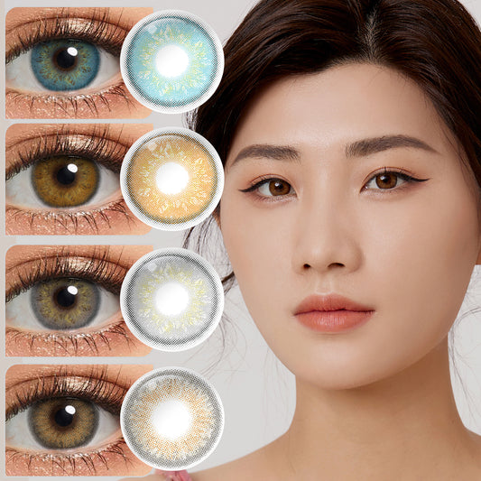 A young lady showcasing Delight colored contacts, with close-up insets highlighting the natural and enhanced eye colors available.