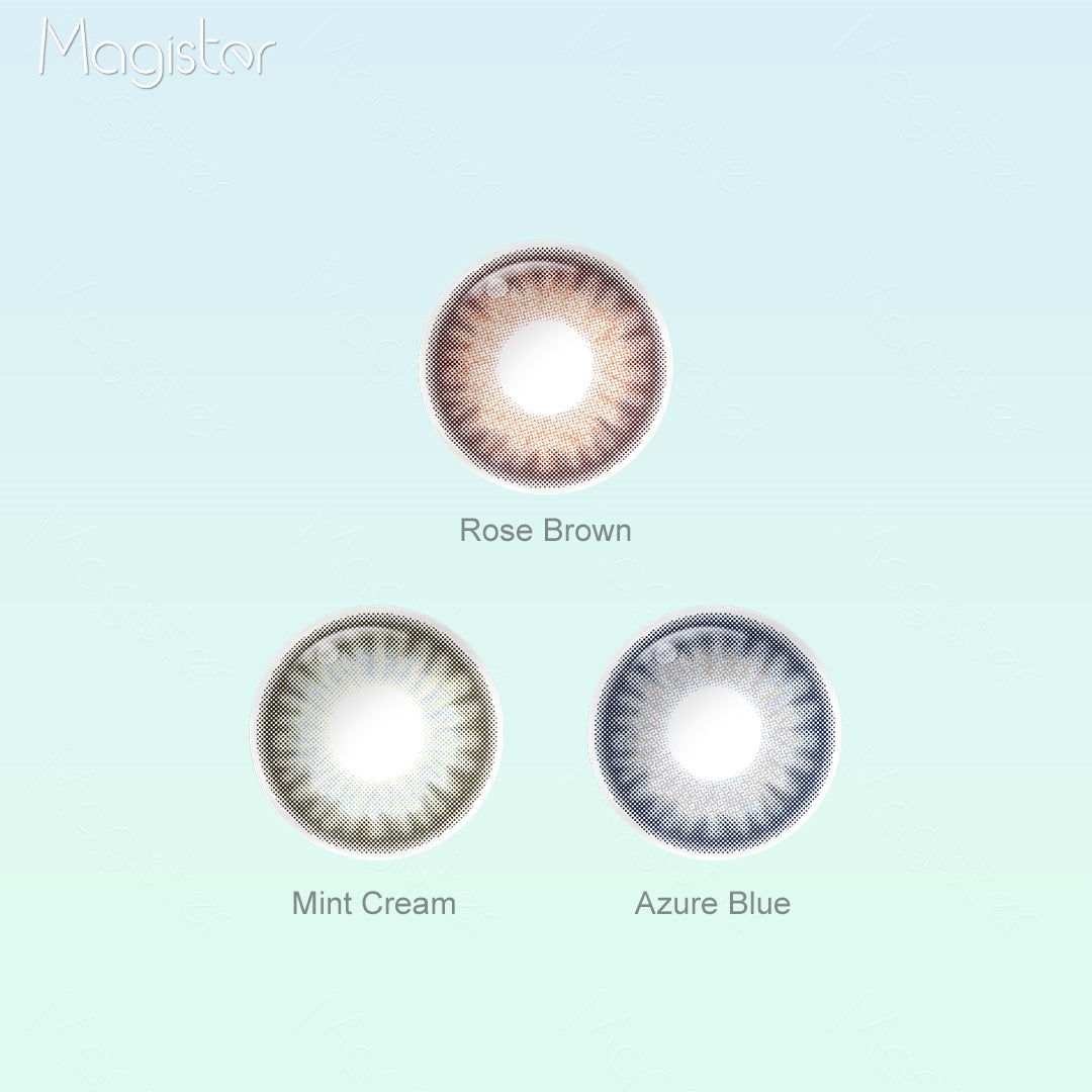 Grid layout of Flora colored contacts in various shades with each lens' color name: Rose Brown, Mint Cream, Azure Blue, on a soft gradient background.