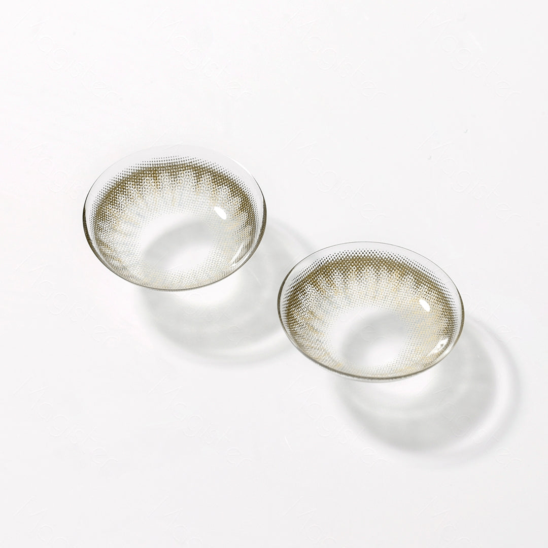 A Real shot image of Flora Mint Cream colored contacts.