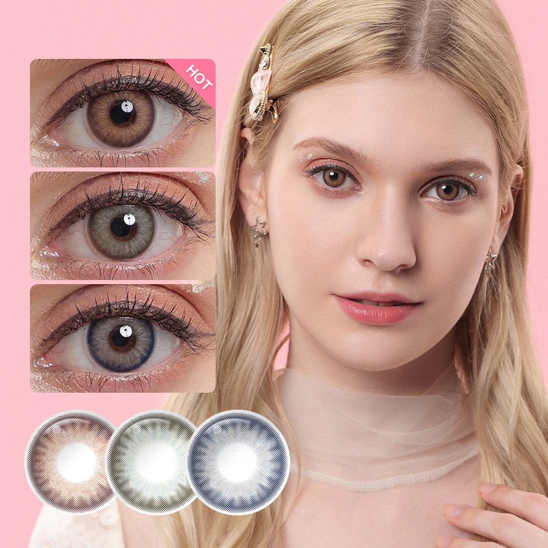 A young lady showcasing Flora Colored Contacts, with close-up insets highlighting the natural and enhanced eye colors available.
