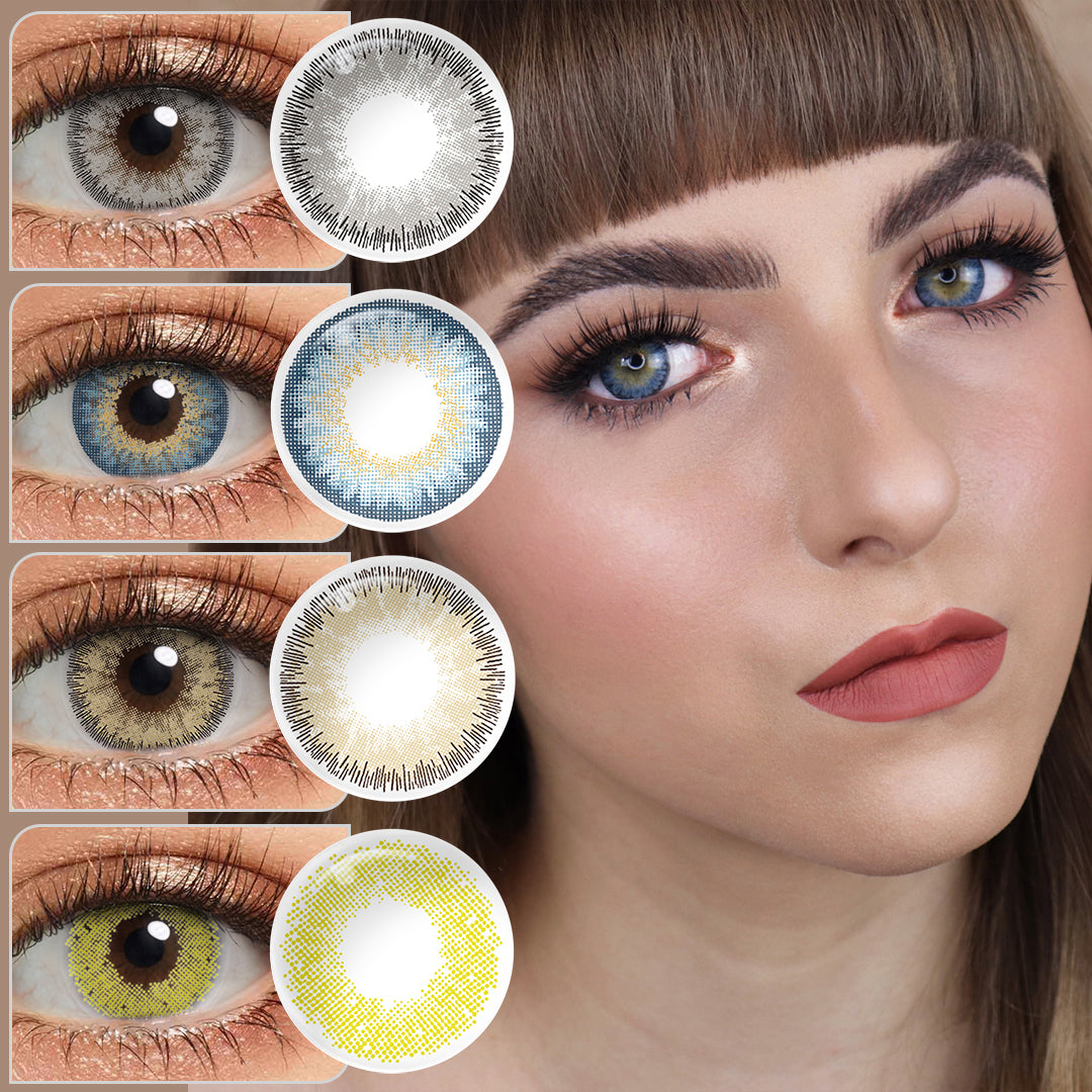 A young lady showcasing GLOW series colored contact lenses, with close-up insets highlighting the natural and enhanced eye colors available