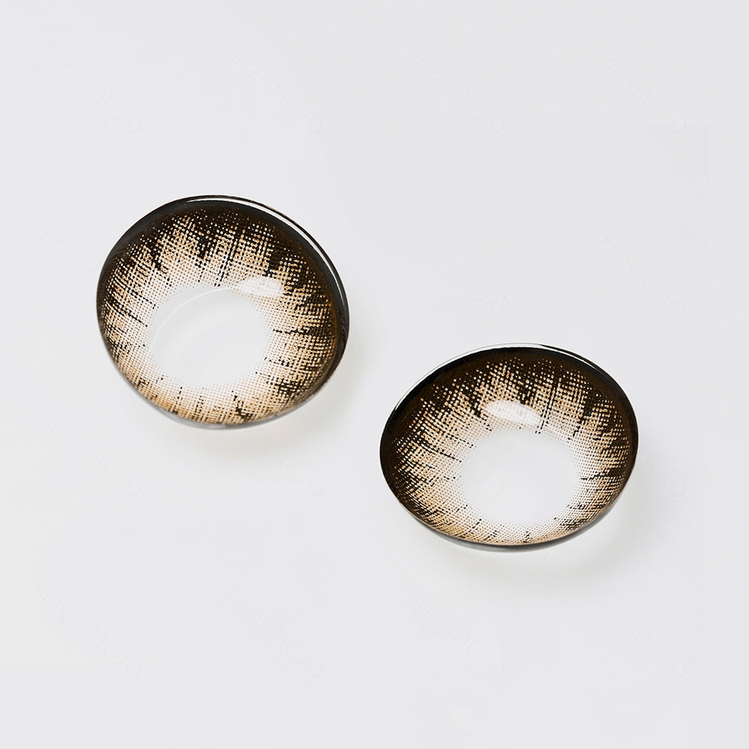 A display of Glass Ball colored contacts in brown, shown as a lens in a close-up of a real picture.