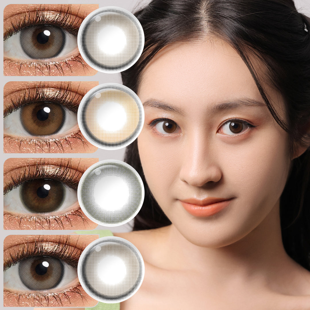 A young lady showcasing HALO series colored contact lenses, with close-up insets highlighting the natural and enhanced eye colors available