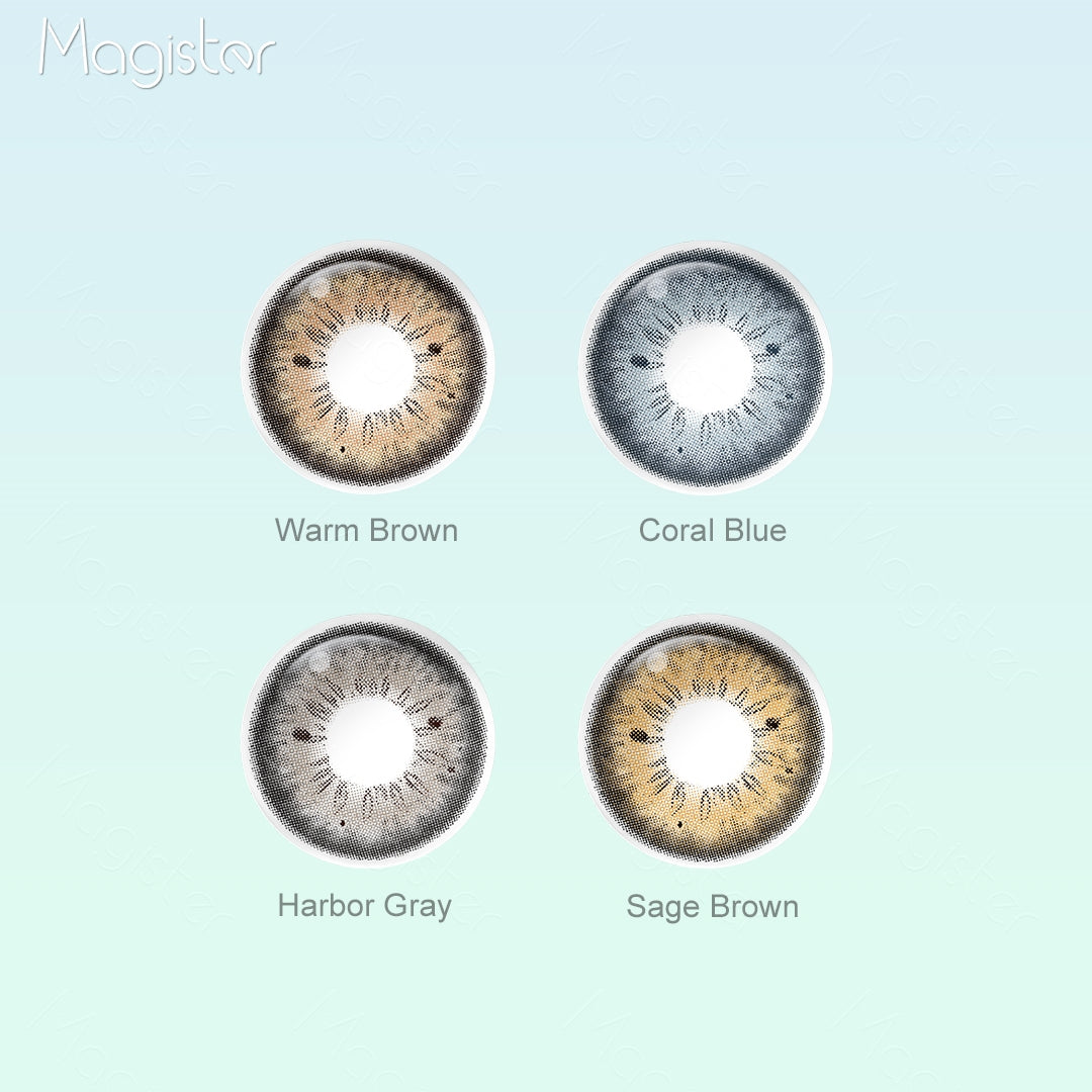 HC2 colored contact lenses with 4 shades of Warm Brown, Coral Blue, Harbor Gray, Sage Brown