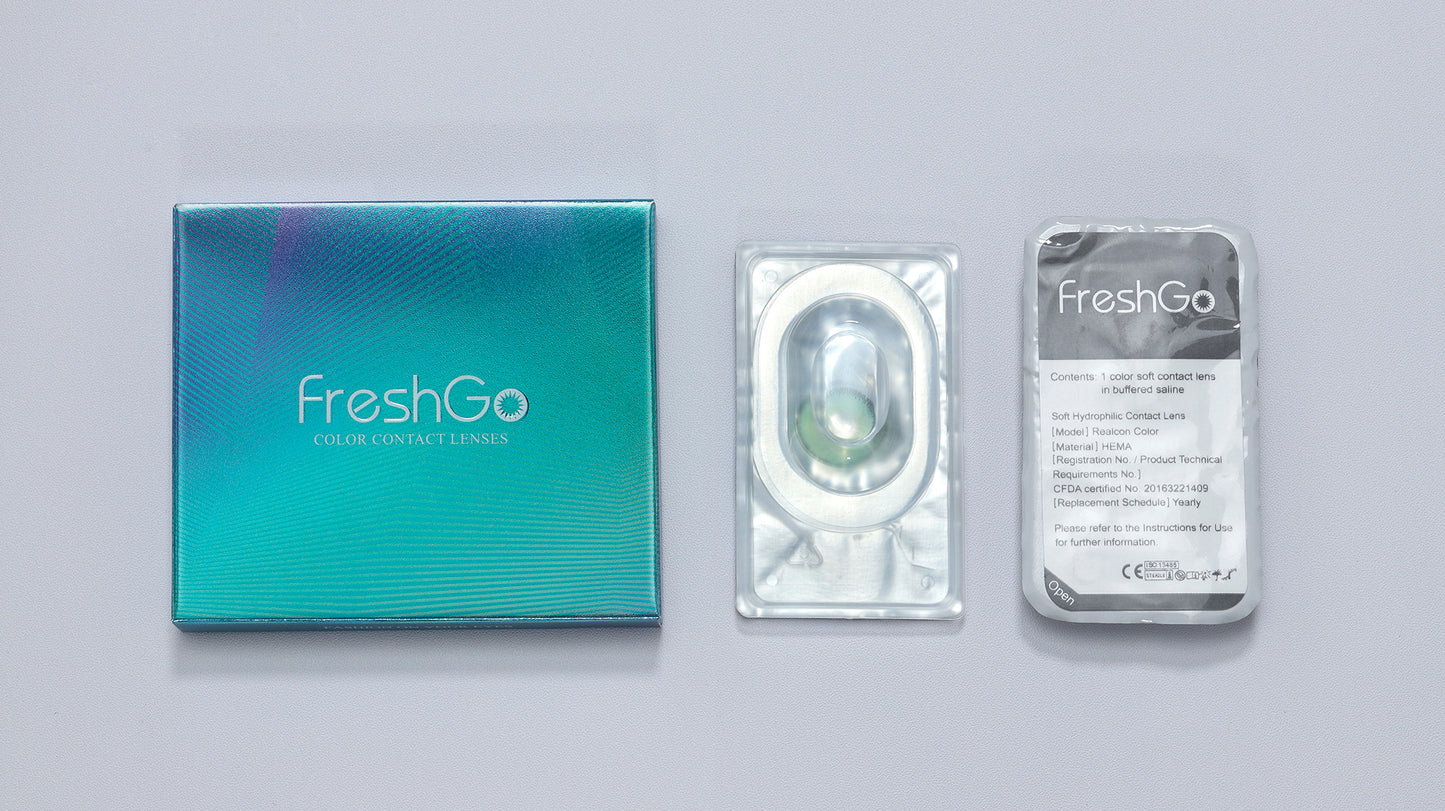 colored contacts packaging with 1 pair contact lenses and 1 piece case inside