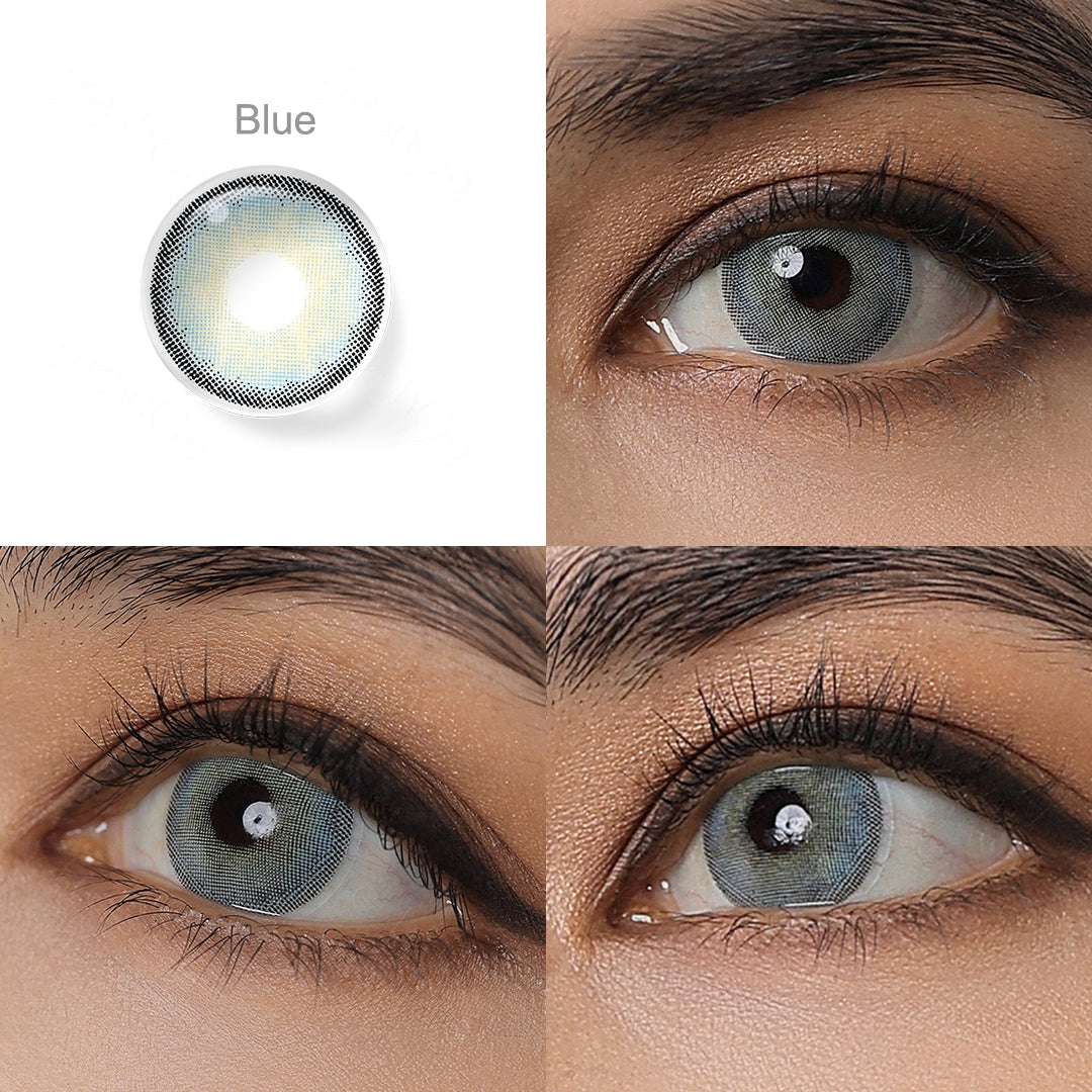 Grid display of 1 shade of Sono colored contact lenses, labeled blue, with a close-up view of the lens pattern and the effect on a brown-eyed model in 3 different angel.