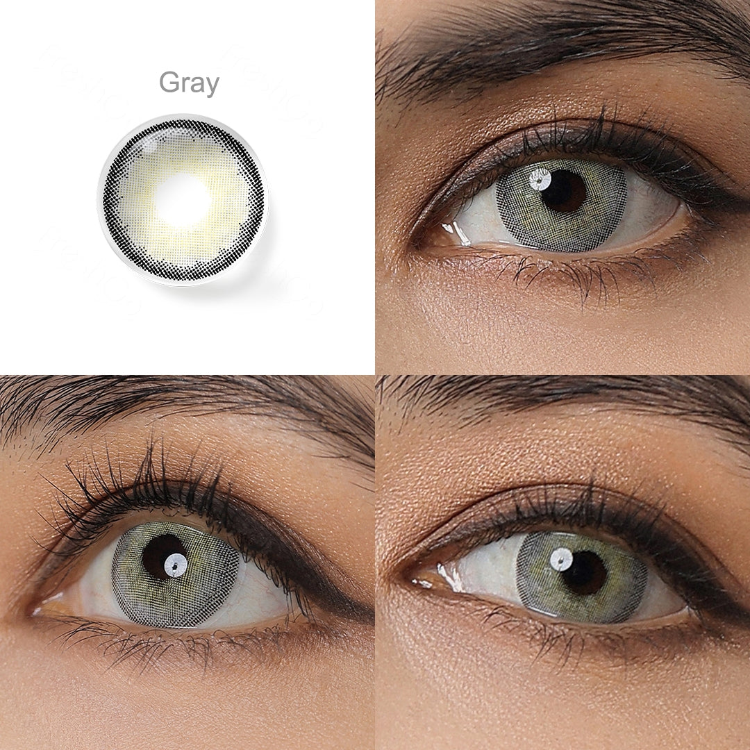 Grid display of 1 shade of Sono colored contact lenses, labeled gray, with a close-up view of the lens pattern and the effect on a brown-eyed model in 3 different angel.