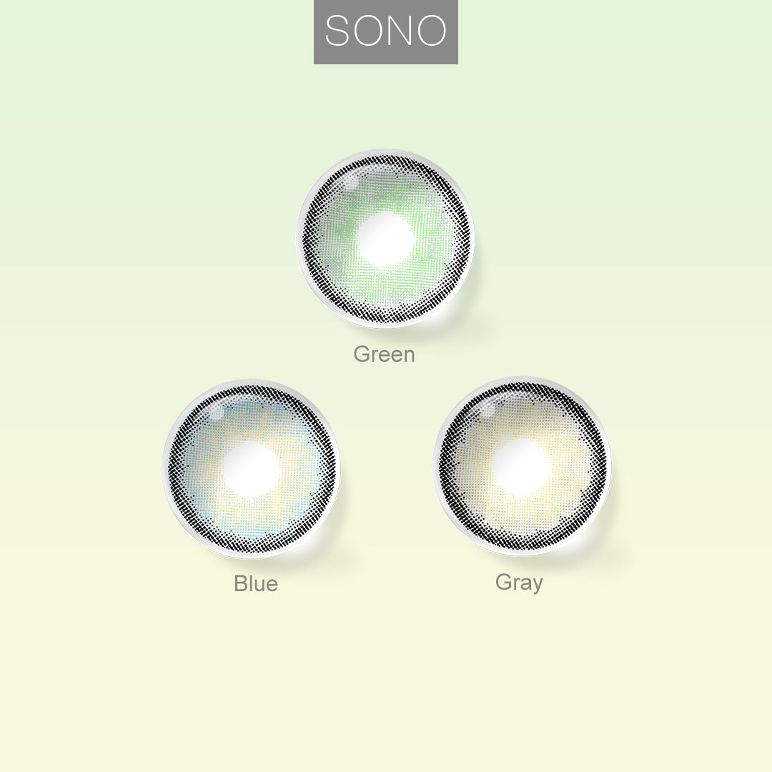 Grid layout of Sono Colored Contacts in various shades with each lens' color name: Green, Blue and Gray, on a soft gradient background.