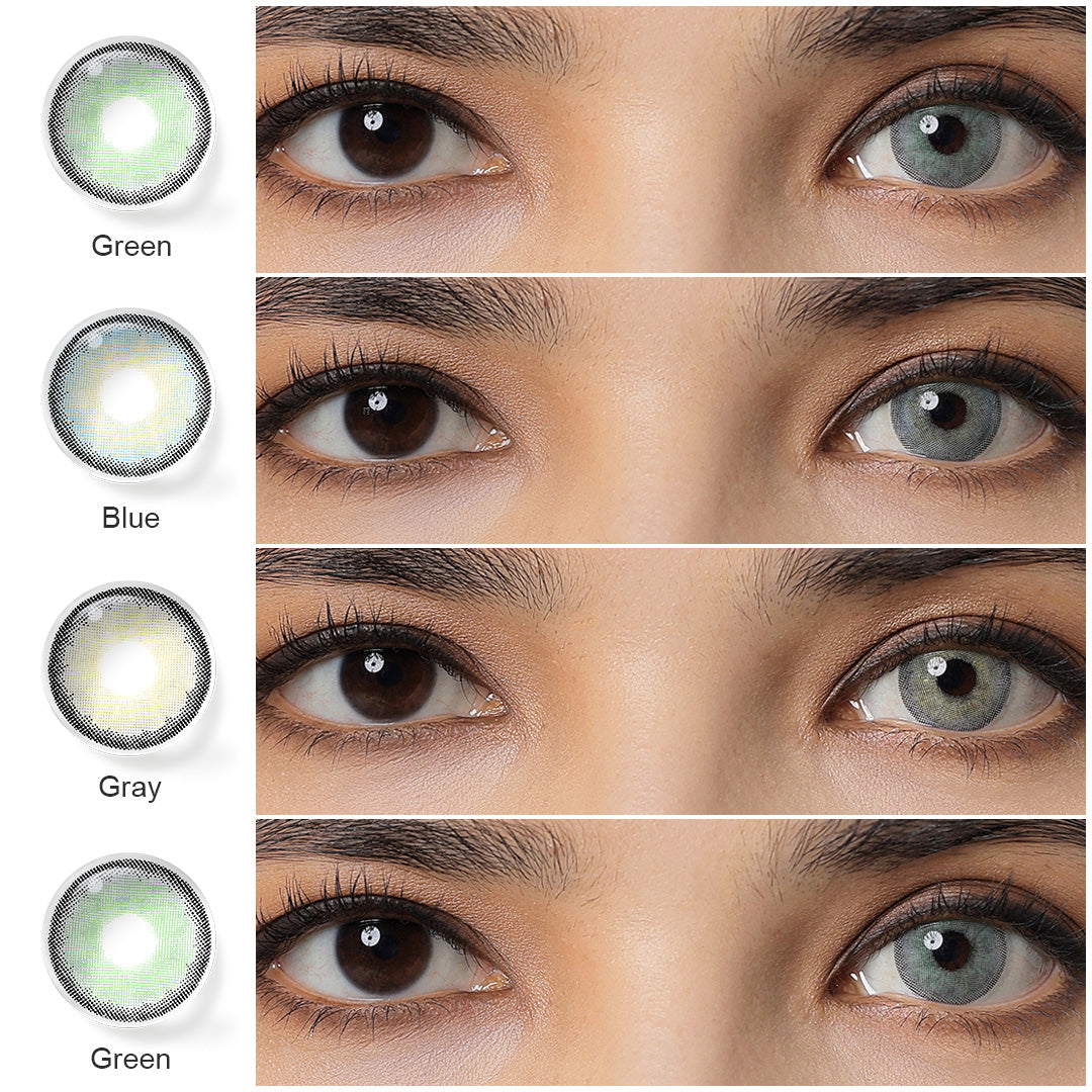 A display of Sono Colored Contacts in Green, Blue and Gray, each shown both as a lens swatch and wearing comparison in a close-up of a model's eye , with the color names labeled beneath each image.