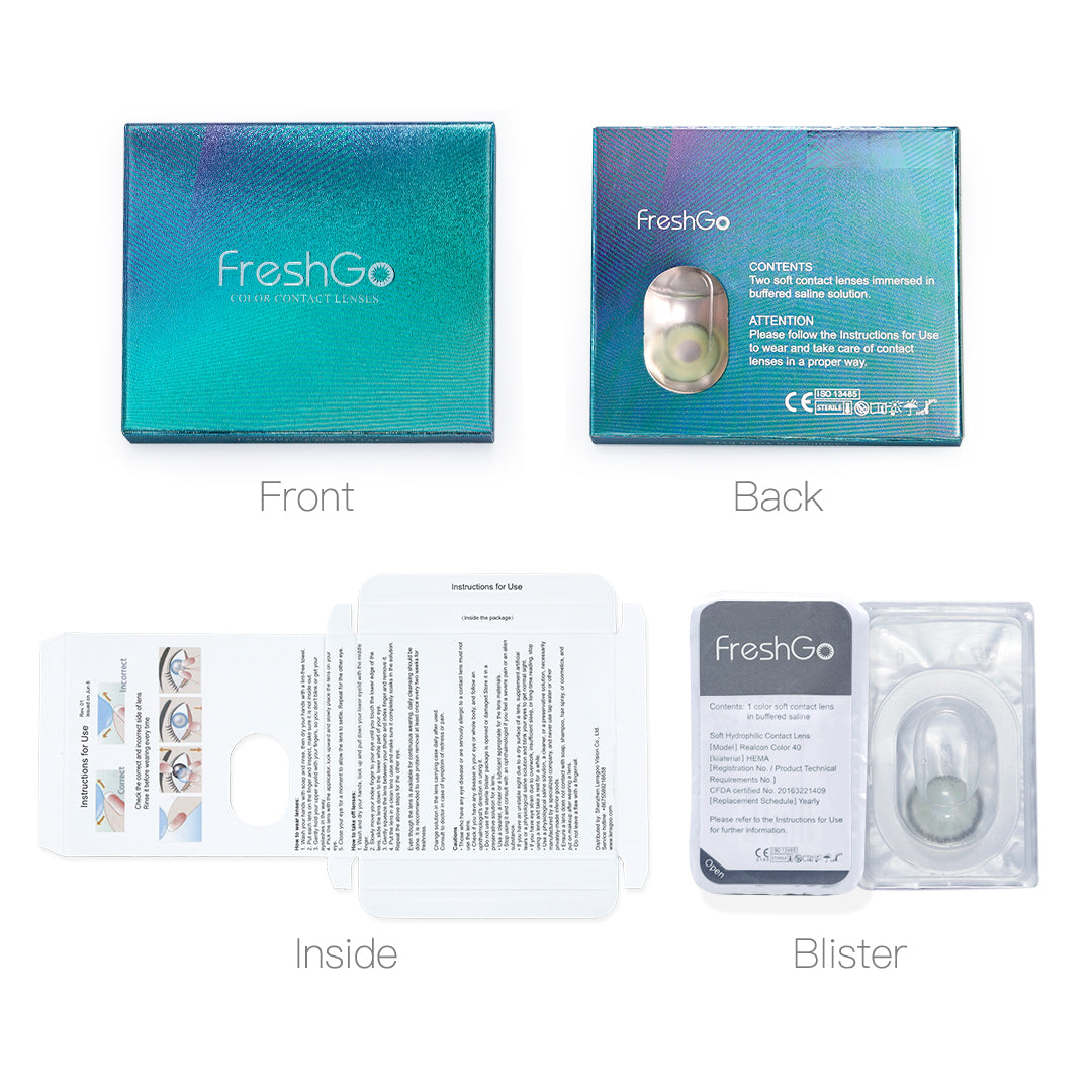 Package display of Freshgo Sono colored contact lenses: front, back and inside. Each box including 2 pieces of lenses in blister.