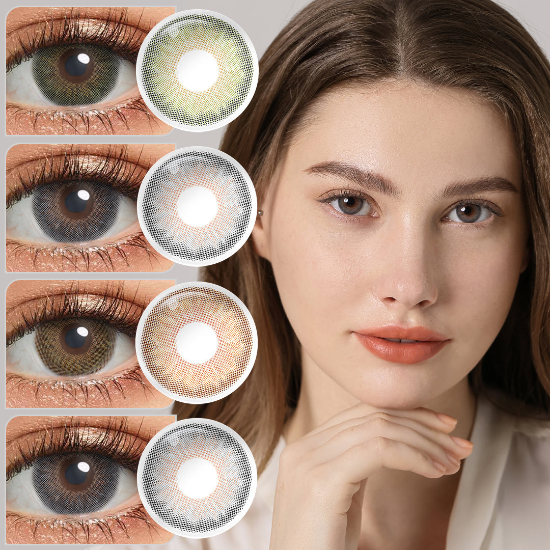 A young lady showcasing Symphony colored contacts, with close-up insets highlighting the natural and enhanced eye colors available.