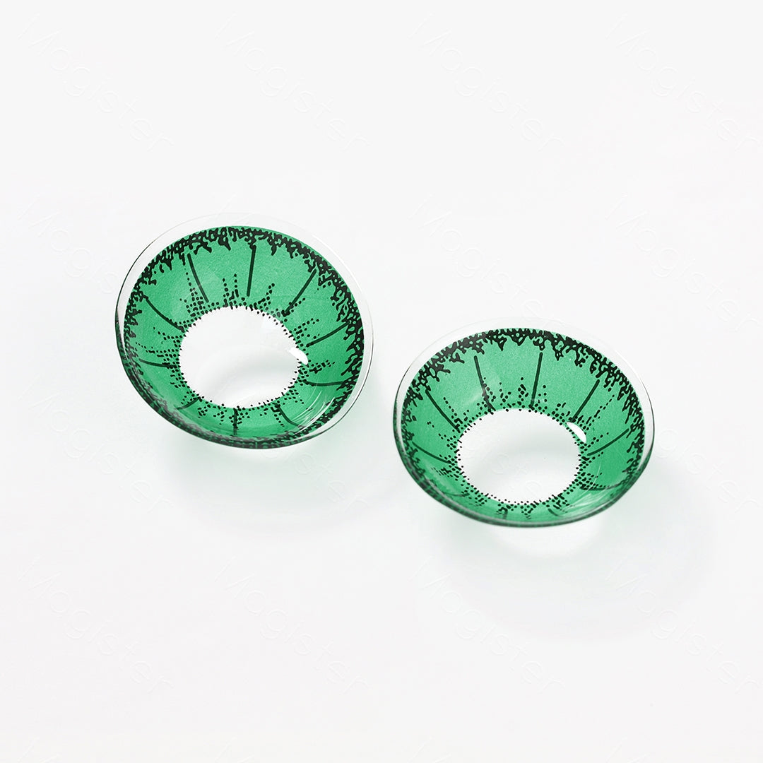 A display of devil colored contacts in green, shown as a lens in a close-up of a real picture.