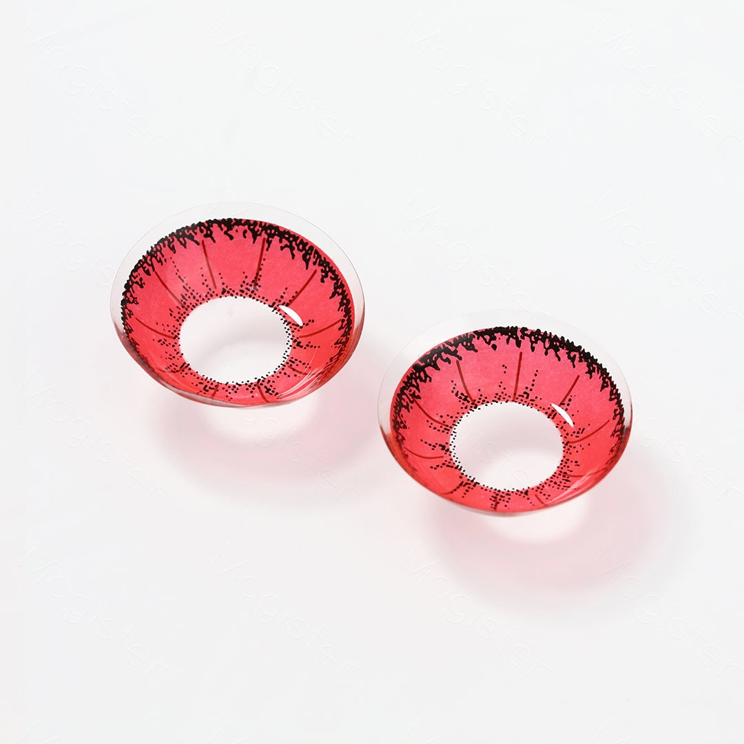 A display of Devil colored contacts in Red, shown as a lens in a close-up of a real picture.