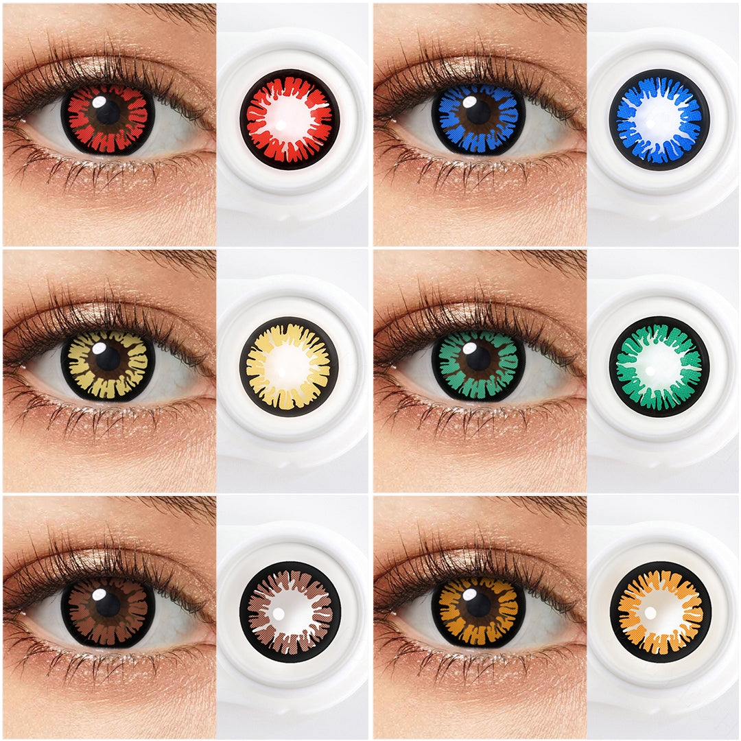 Variety of  Aiyanye Costume Contacts colors displayed on a model's eyes, showcasing 6 different shades.