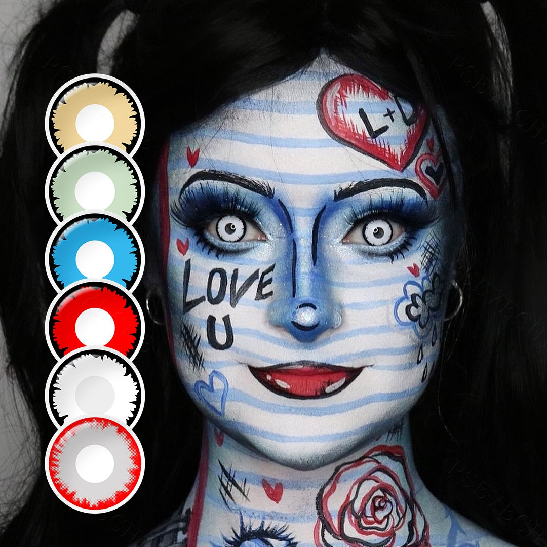 A yong lady showcasing Cosplay Elf Eye Lenses, with close-up insets highlighting halloween and enhanced eye colors available