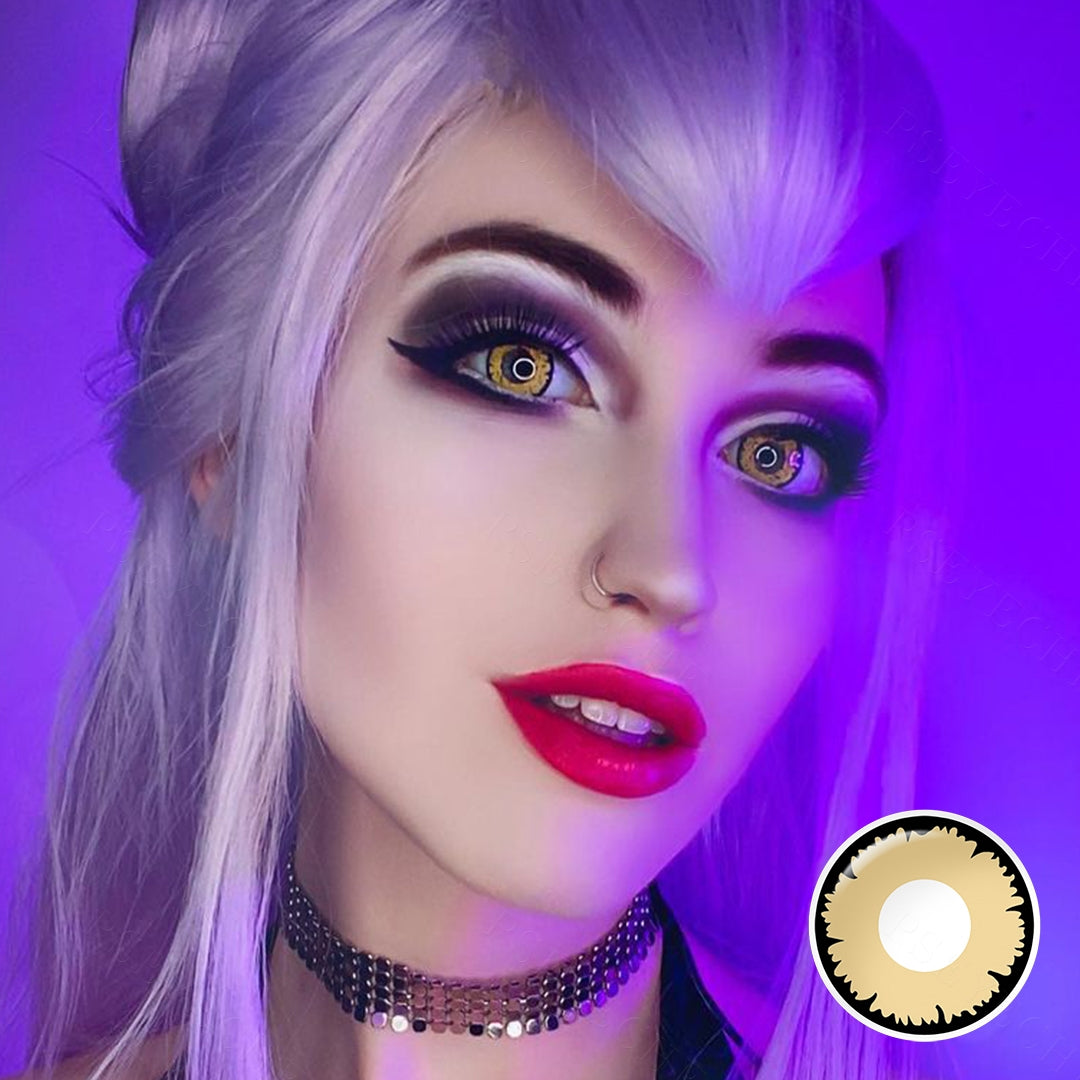 A lady showcasing Elf Eye Lenses Costume Contacts, display the wearing effect of RY057/Angelic Brown.