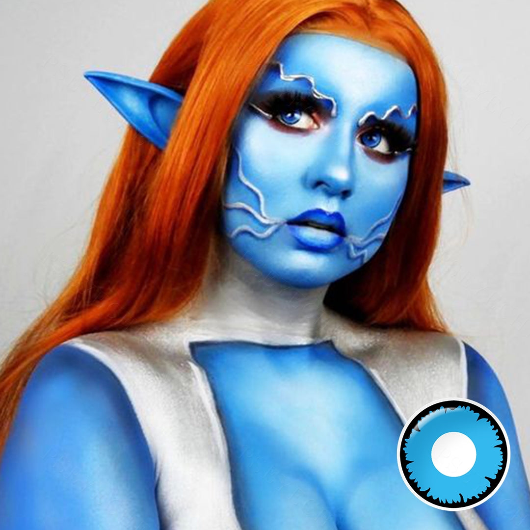 A model showcasing Elf Eye Lenses Costume Contacts, display the wearing effect of RY059/Angelic Blue.