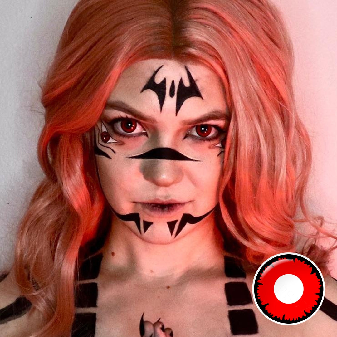 A lady showcasing Elf Eye Lenses Costume Contacts, display the wearing effect of RY374A/Angelic Red.