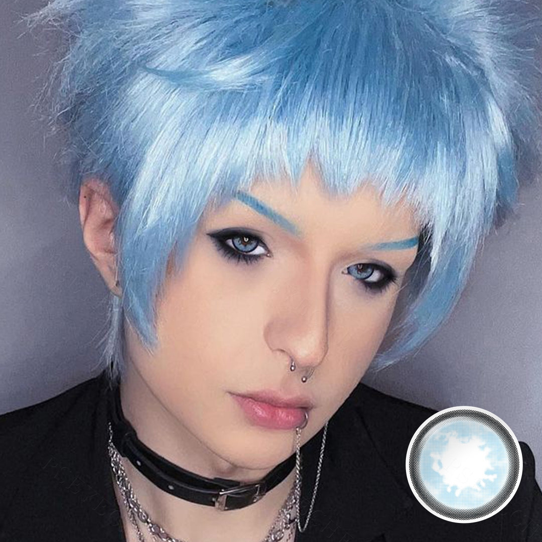 A brown-eyes model showcasing ChainSaw Man Costume Contacts , display the eyes effect of RY318 with close-up insets highlighting the Halloween and enhanced eye colors available.