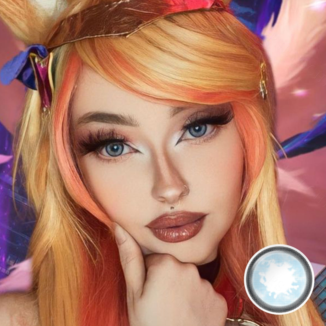 A brown-eyes model showcasing ChainSaw Man Costume Contacts , display the eyes effect of RY318 with close-up insets highlighting the Halloween and enhanced eye colors available.