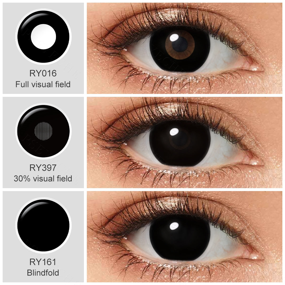 Grid display of dead eye lens of black colors, featuring 3 different shades. Each lens color is shown worn on a close-up of an eye, with the visual field of the shade displayed beneath it.