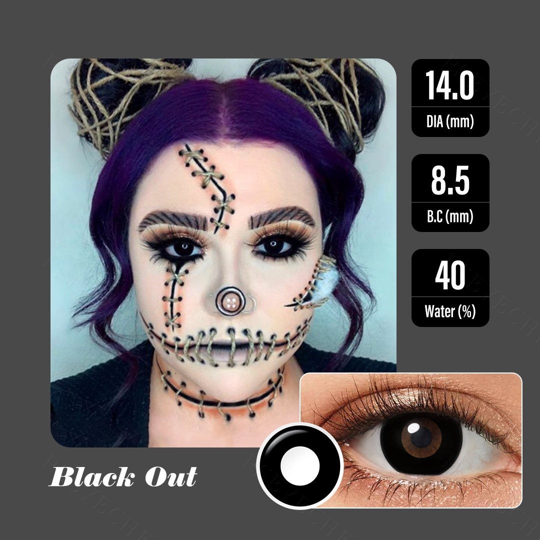 A cosplayer showcasing Black out lens,  display the eyes effect of the colors Black out with close-up inset highlighting eye colors .