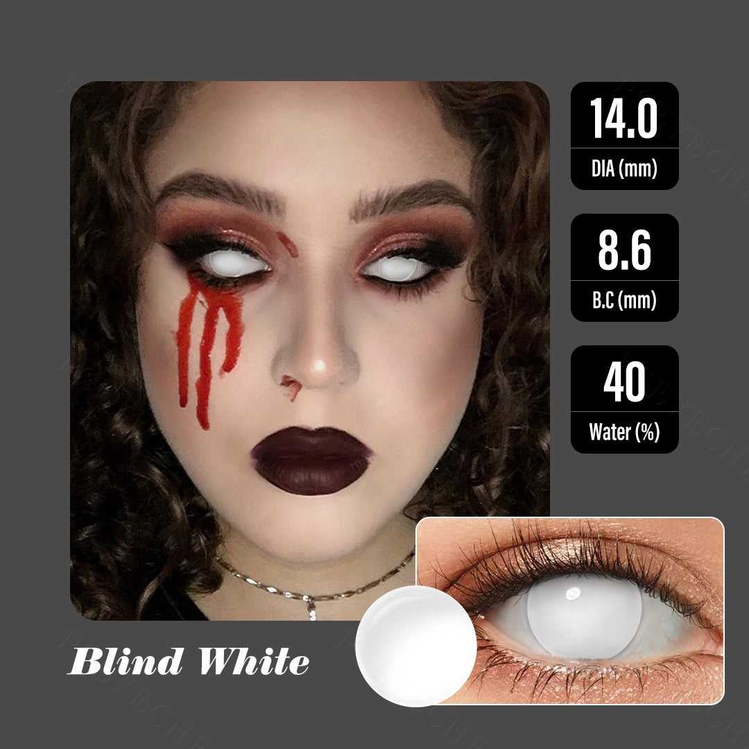 A cosplayer showcasing Blind White lens,  display the eyes effect of the colors Blind White with close-up inset highlighting eye colors .
