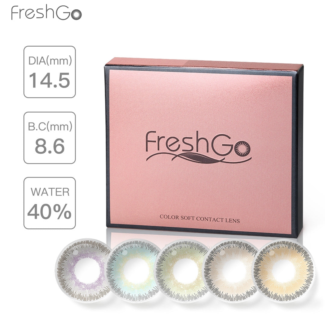 display a Freshgo ELITE contact lenses pink package box with shine and beautiful pattern ,one box contain with 2 pcs lenses