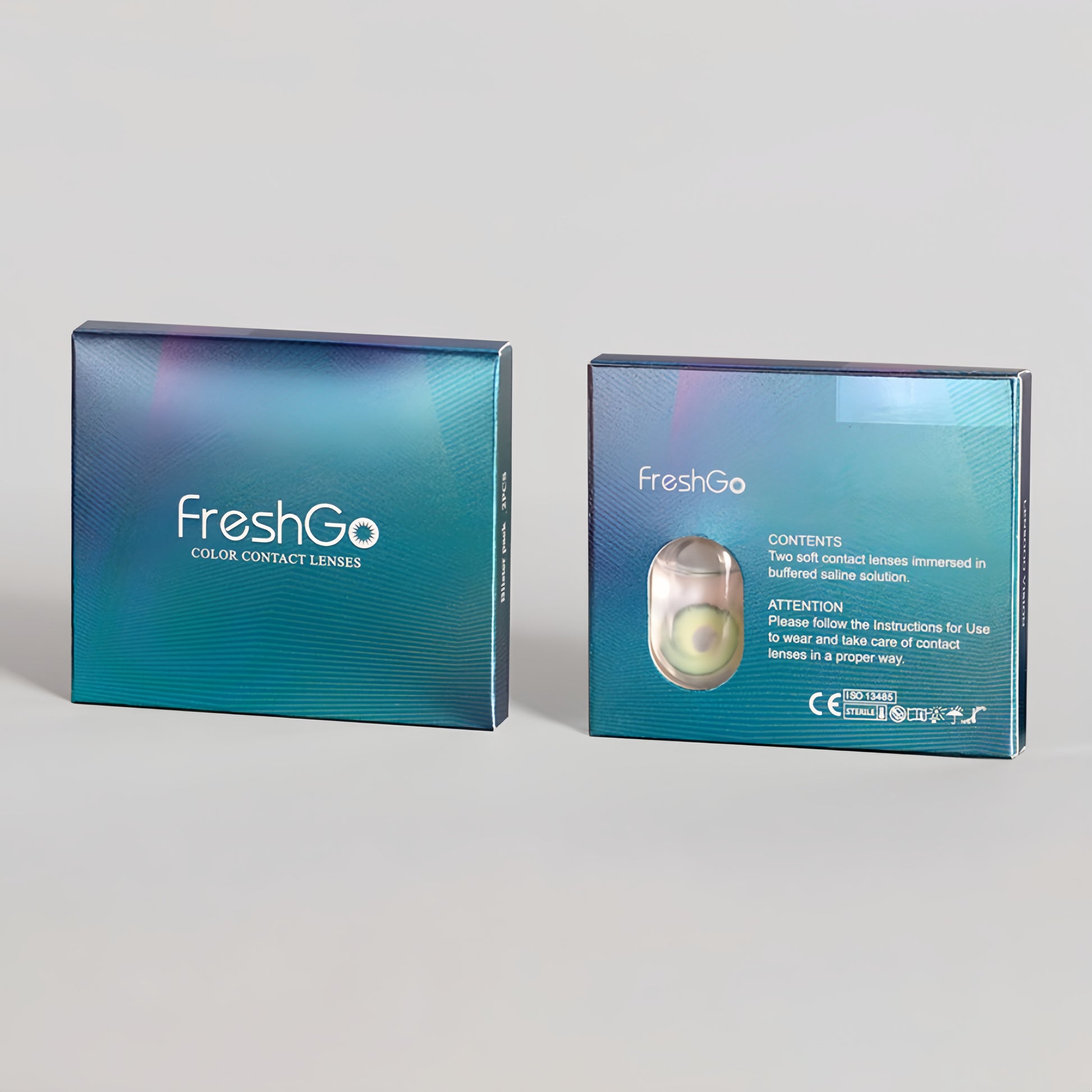 display a Freshgo HIDROCOR_II contact lenses Green package box with shine and beautiful pattern ,one box contain with 2 pcs lenses