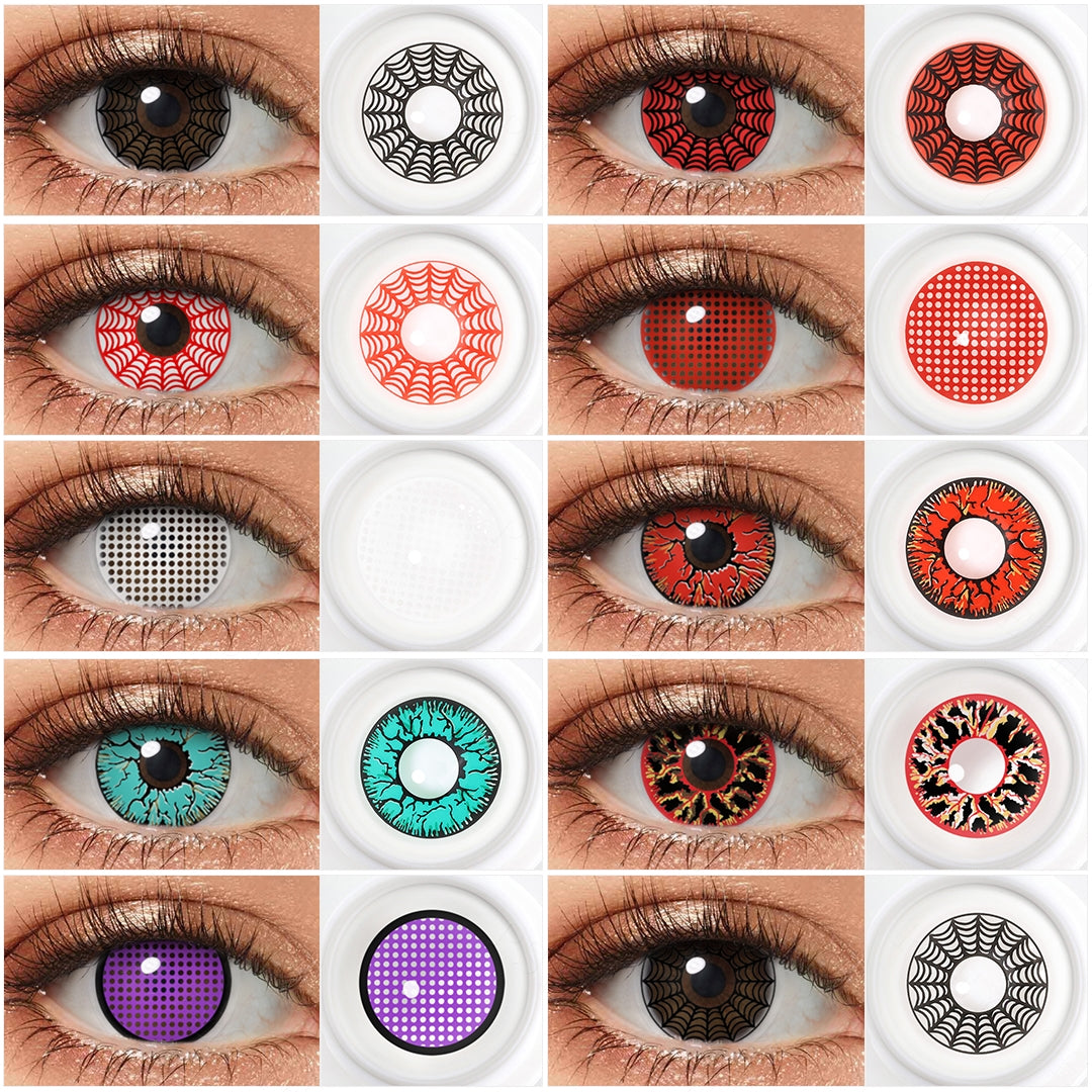 Grid display of 10 shades of Cosplay contacts, showing a variety of shades including White Web Contact Lenses , Red Spider Web Contact Lenses,Red Mesh Contacts, White Mesh Contacts ,Green Spider ,Red Crack Contacts,Green Crack Contacts,Black Red Vein Contact Lenses,purple mesh contacts. each paired with a close-up view of the lens pattern