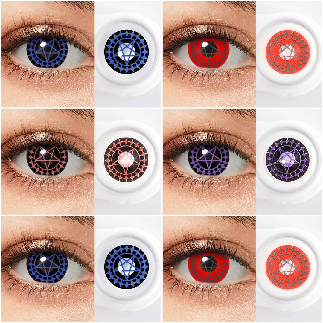 Grid display of 4 shades of Cosplay contacts, showing a variety of shades including Blue Butler Ciel Phantomhive Eye Contacts , red Butler Ciel Phantomhive Eye Contacts ,Black Butler Ciel Phantomhive Eye Contacts ,Purple Butler Ciel Phantomhive Eye Contacts, each paired with a close-up view of the lens pattern
