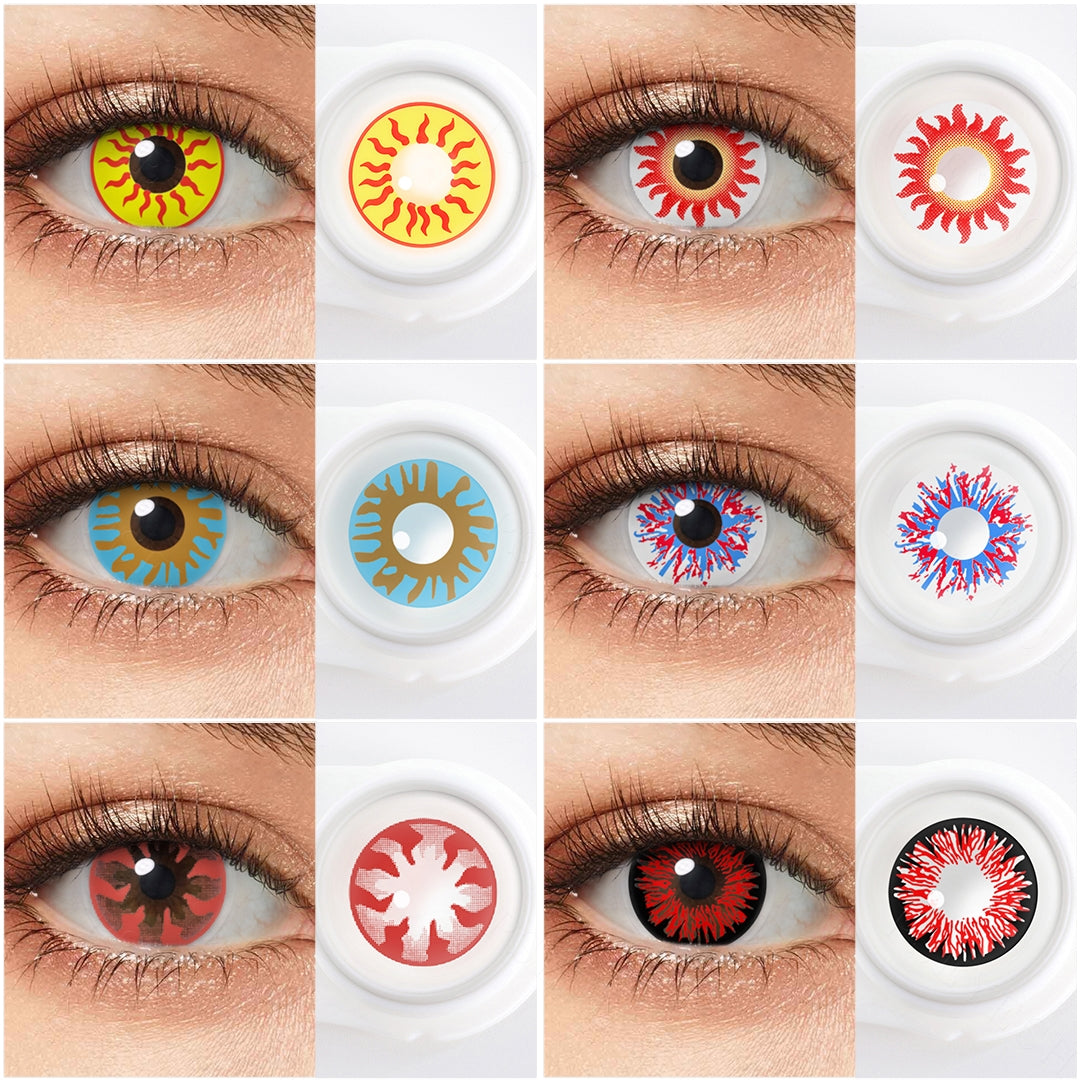 Grid display of 6 shades of Cosplay contacts, showing a variety of shades including Sun Flame Halloween Contacts,Sunflower Contact Lenses,Magic Blue Contact Lenses,Harlequin Contact Lenses,Twilight Breaking Contacts,Devil Red Contacts, each paired with a close-up view of the lens pattern