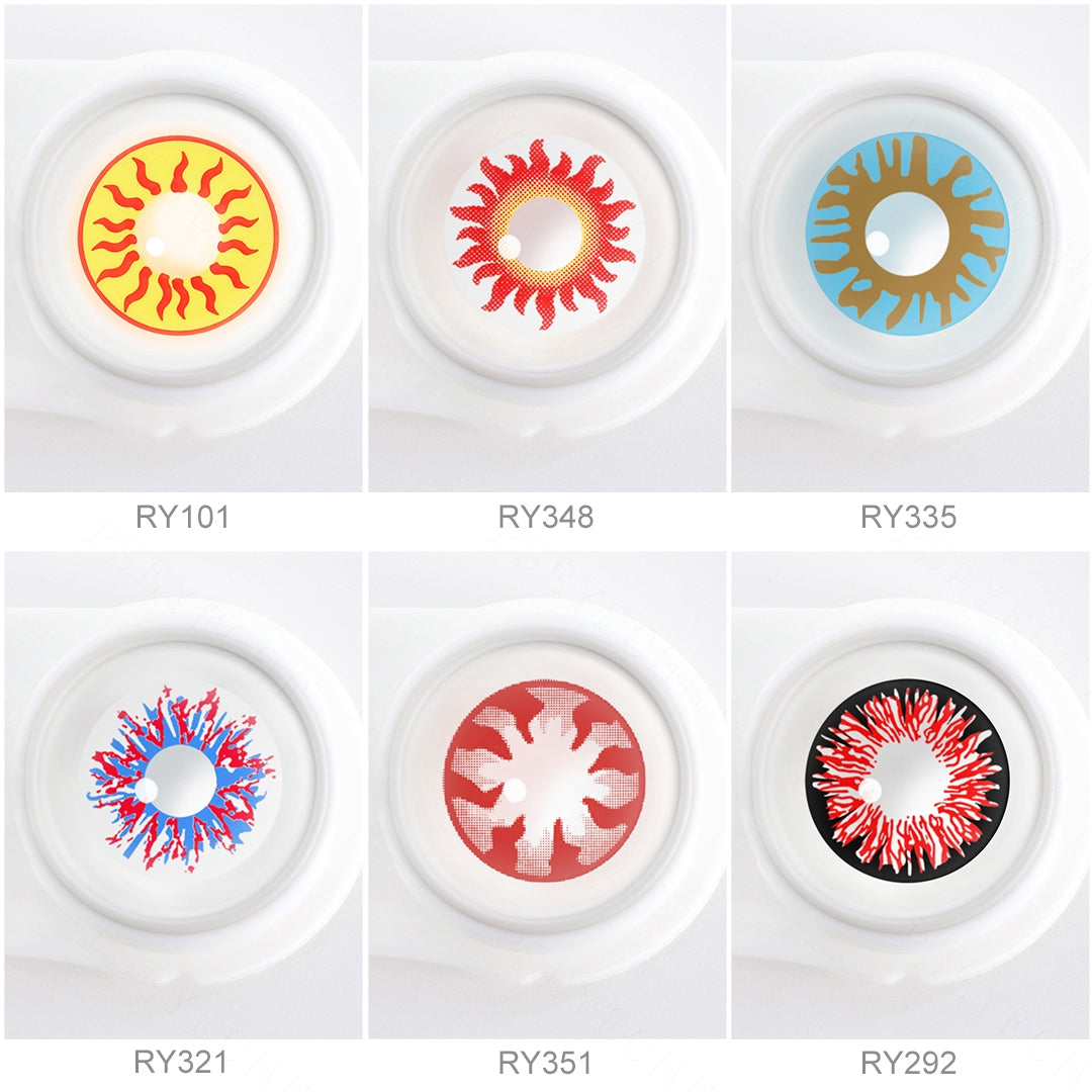 Array of cosplay contact lenses in a white case, showcasing 6 colors: Sun Flame Halloween Contacts,Sunflower Contact Lenses,Magic Blue Contact Lenses,Harlequin Contact Lenses,Twilight Breaking Contacts,Devil Red Contacts. Each lens is labeled with its color name beneath the case.
