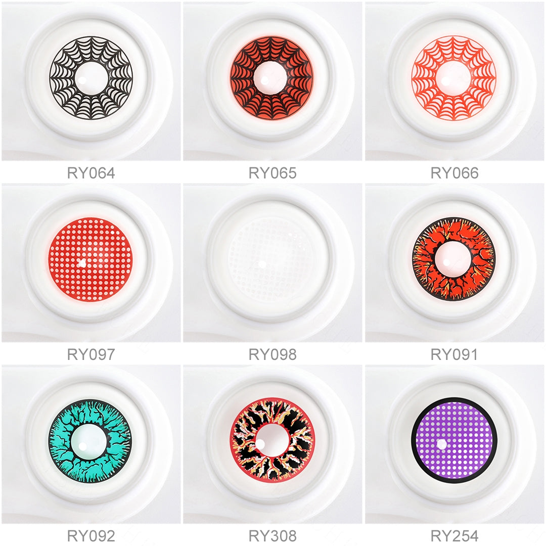 9 shade of cosplay contact lenses: White Web Contact Lenses,Red Spider Web Contact Lenses,Red Mesh Contacts, White Mesh Contacts ,Green Spider ,Red Crack Contacts,Green Crack Contacts,Black Red Vein Contact Lenses,purple mesh contacts.
