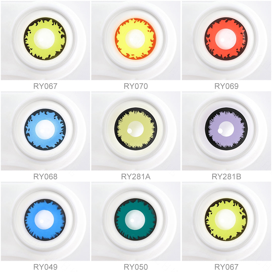 Array of cosplay contact lenses in a white case, showcasing 9 colors: Twilight Yellow Wolf Eyes Contacts,Twilight Blue Wolf Eyes Contacts,Twilight Red Wolf Eyes Contacts,Light Yellow Werewolf Contacts,Demon Slayer Shinobu Eye Cosplay Contacts,Twilight Blue Werewolf Eyes Contacts,Green Elf Contact Lenses,Twilight Yellow Wolf Eyes Contacts. Each lens is labeled with its color name beneath the case.