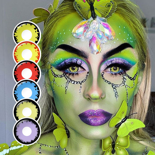 A yong lady showcasing Cosplay Contact Lenses, with close-up insets highlighting halloween and enhanced eye colors available