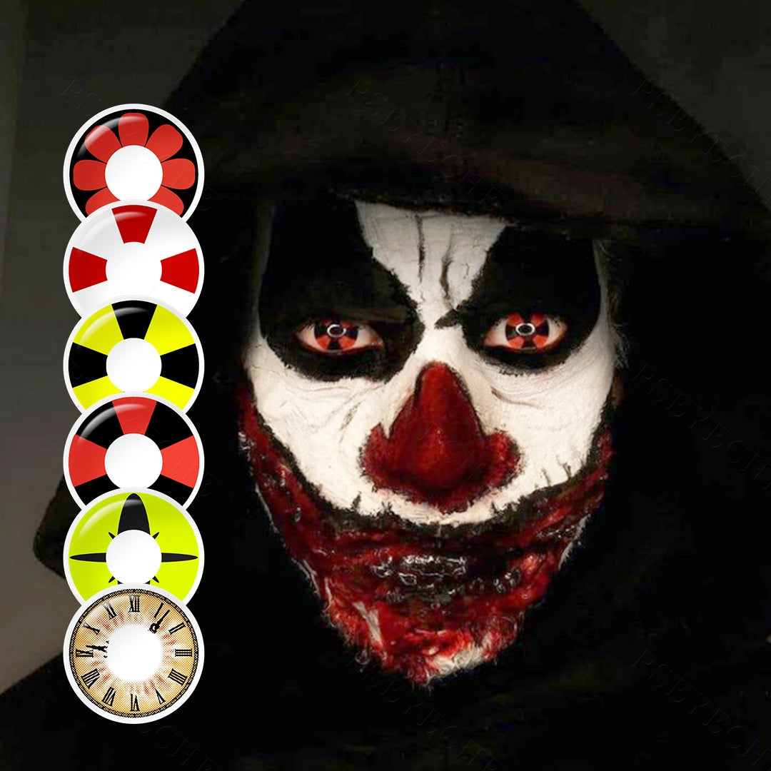 A yong lady showcasing Cosplay Contact Lenses, with close-up insets highlighting halloween and enhanced eye colors available