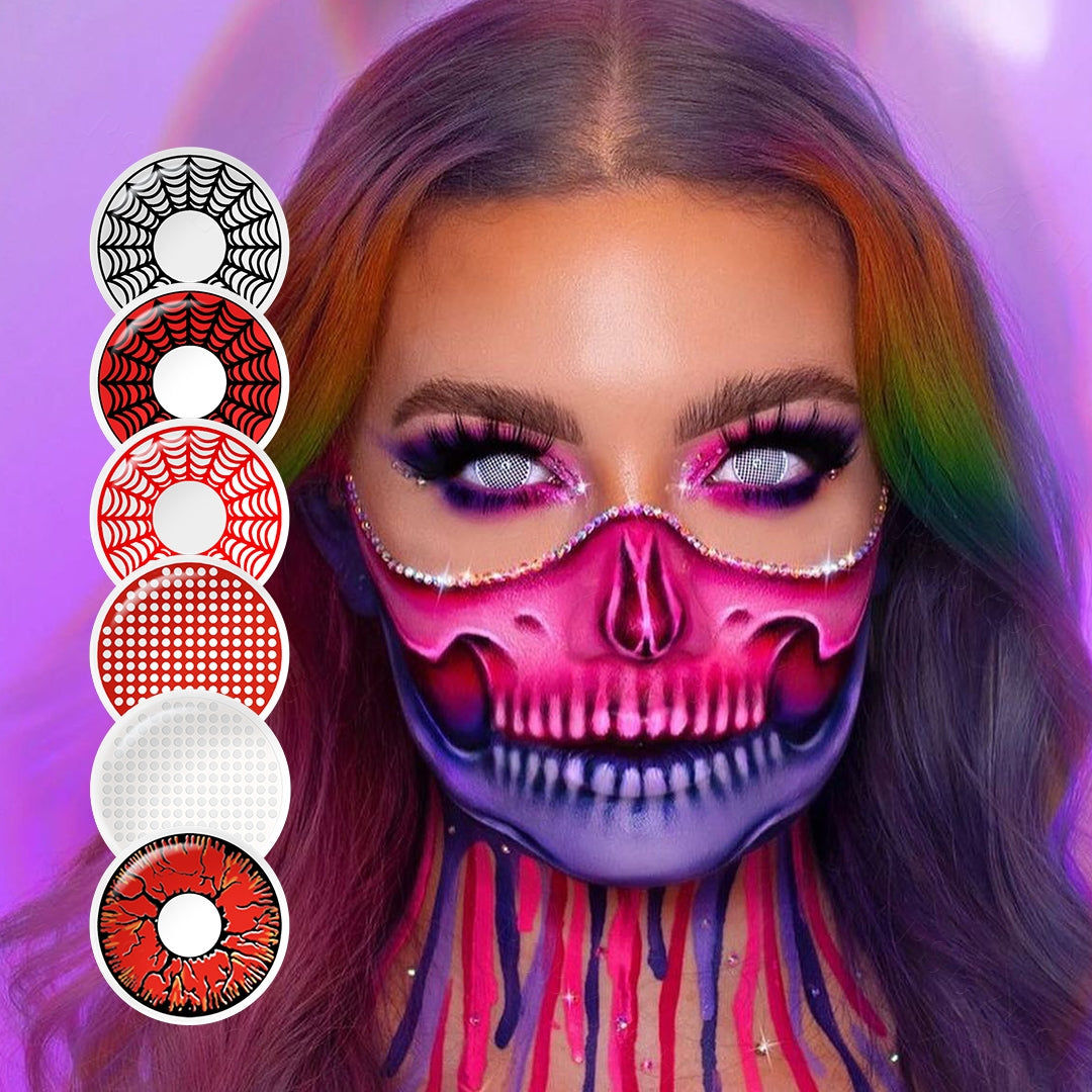 A yong lady showcasing Cosplay Contact Lenses, with close-up insets highlighting halloween and enhanced eye colors available