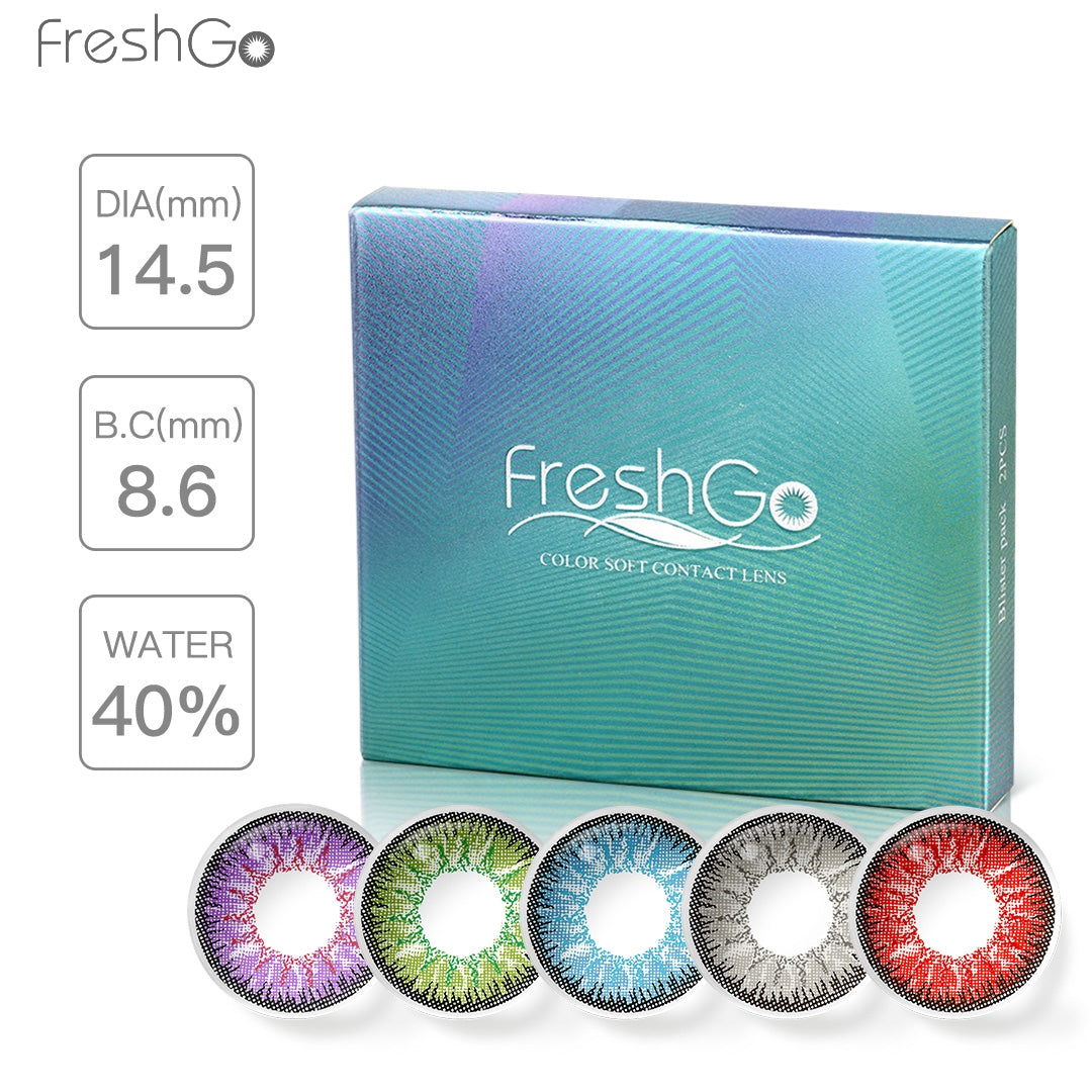 display a Freshgo Nonno contact lenses Green package box with shine and beautiful pattern ,one box contain with 2 pcs lenses