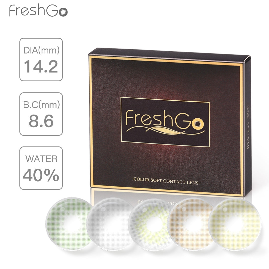 display a Freshgo RIO contact lenses brown package box with shine and beautiful pattern ,one box contain with 2 pcs lenses