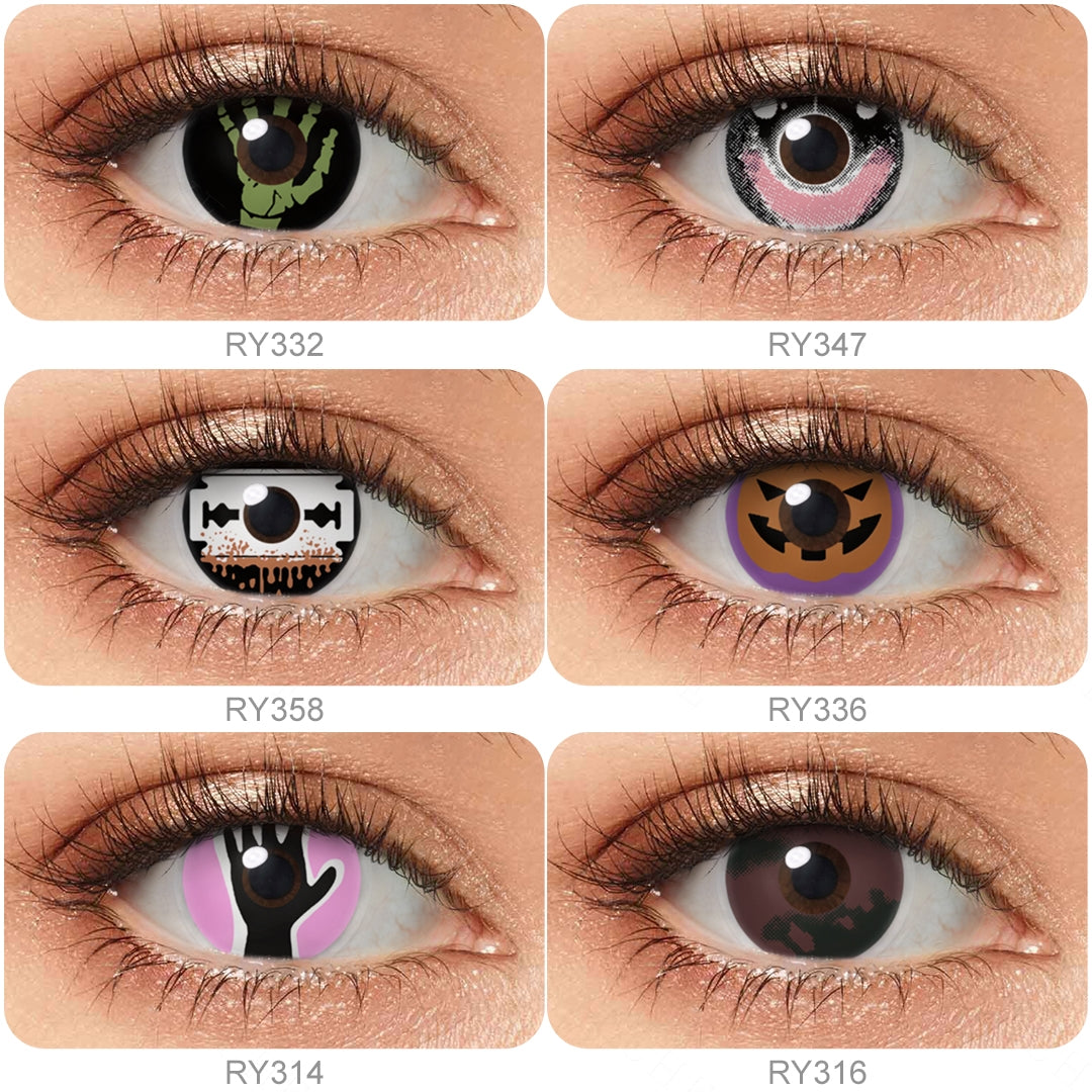 Grid display of 6 shades of Cosplay Scary Costume Contacts, showing a variety of shades, each paired with a close-up view of the lens pattern