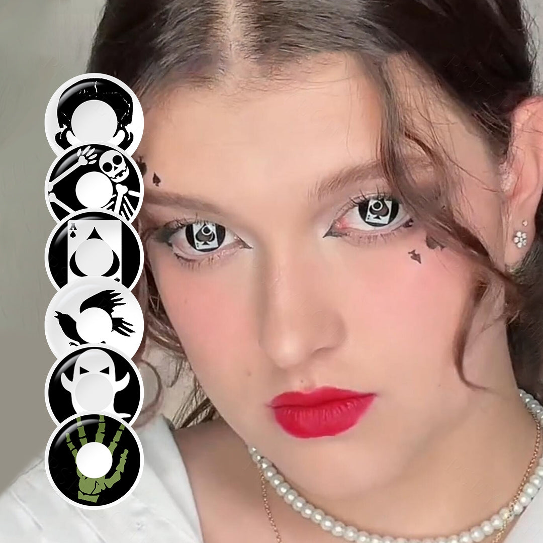 A yong lady showcasing Cosplay Scary Costume Contacts, with close-up insets highlighting halloween and enhanced eye colors available.