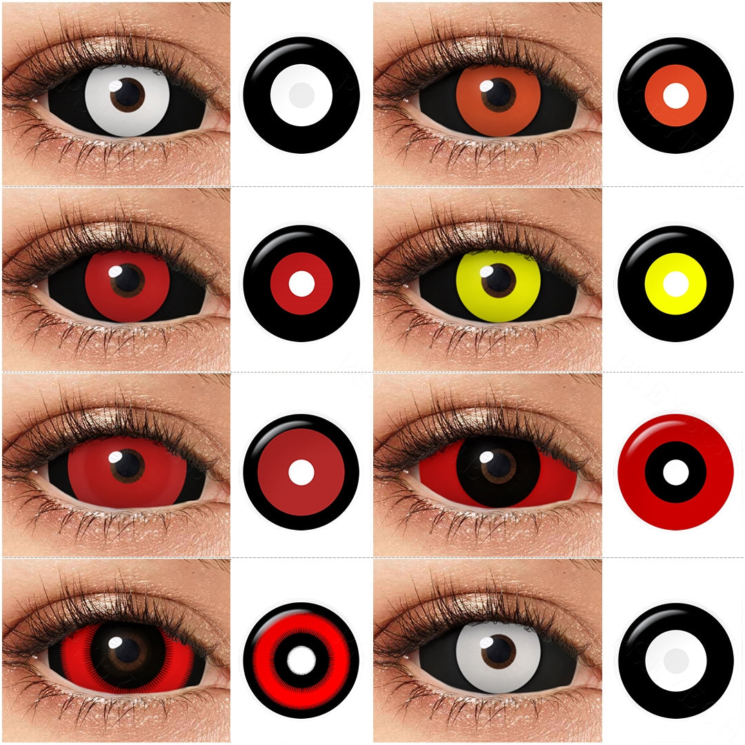 Grid layout of Serial Killer 22mm Sclera Costume Contacts in various shades with each lens' color name with close-up insets highlighting the natural and enhanced eye colors available, on a soft gradient background.