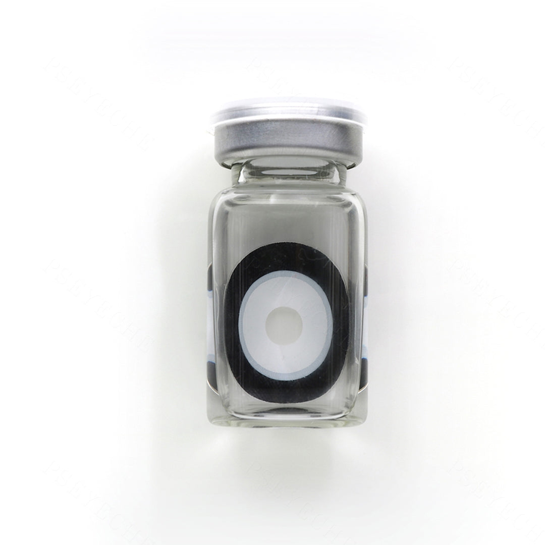 1 pcs lenses of Serial Killer 22mm Sclera Costume Contacts on a glass bottel, showing the details of the lens pattern from the front and back