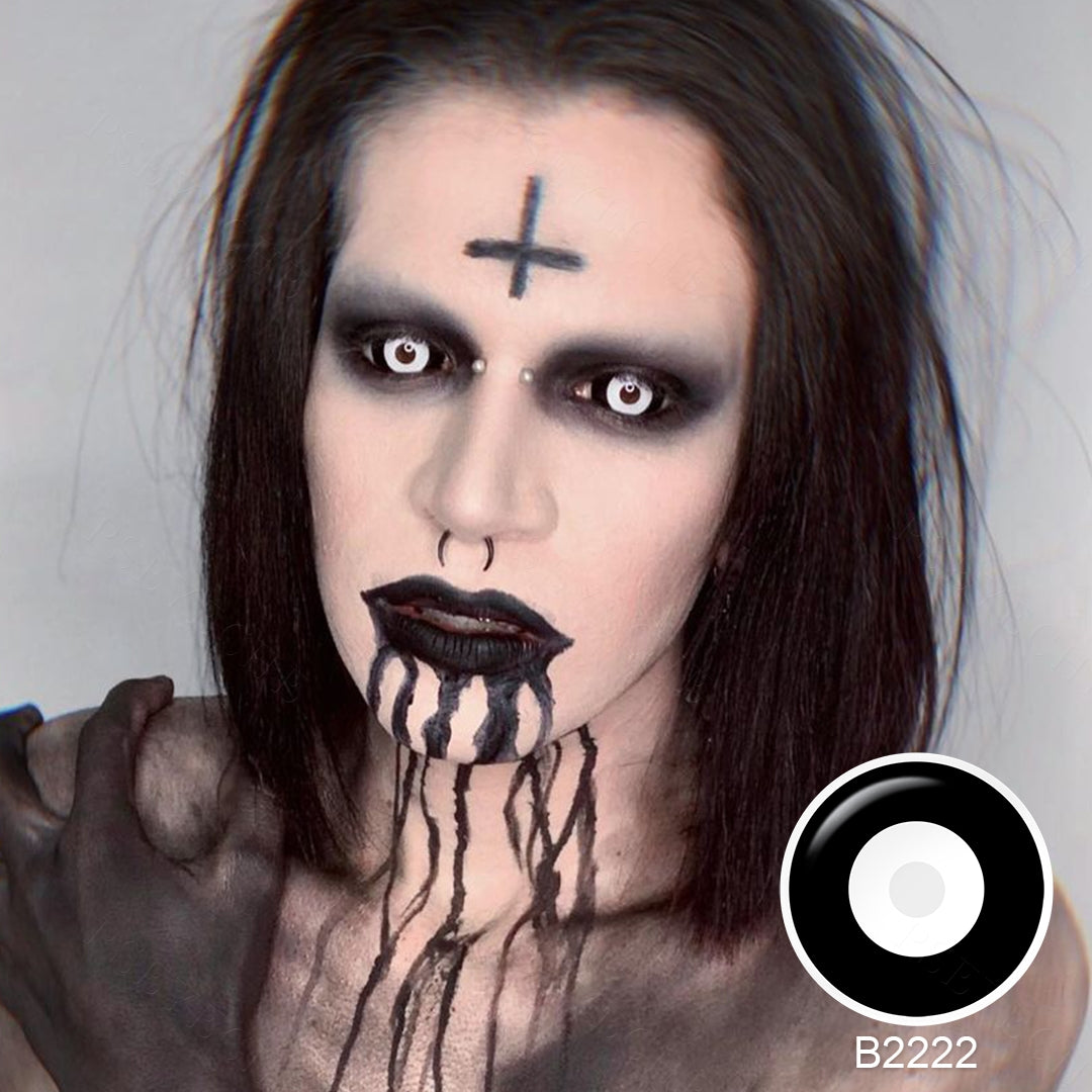 Grid display of 1 shade of Serial Killer 22mm Sclera Costume Contacts, which is B2222 ,with a close-up view of the lens pattern and the effect on a brown-eyed model