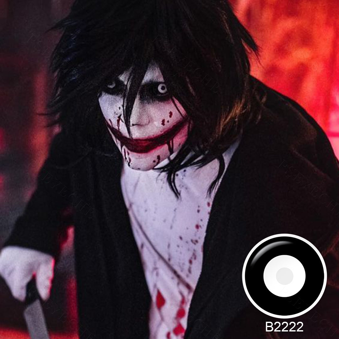 Grid display of 1 shade of Serial Killer 22mm Sclera Costume Contacts, which is B2222 ,with a close-up view of the lens pattern and the effect on a brown-eyed model