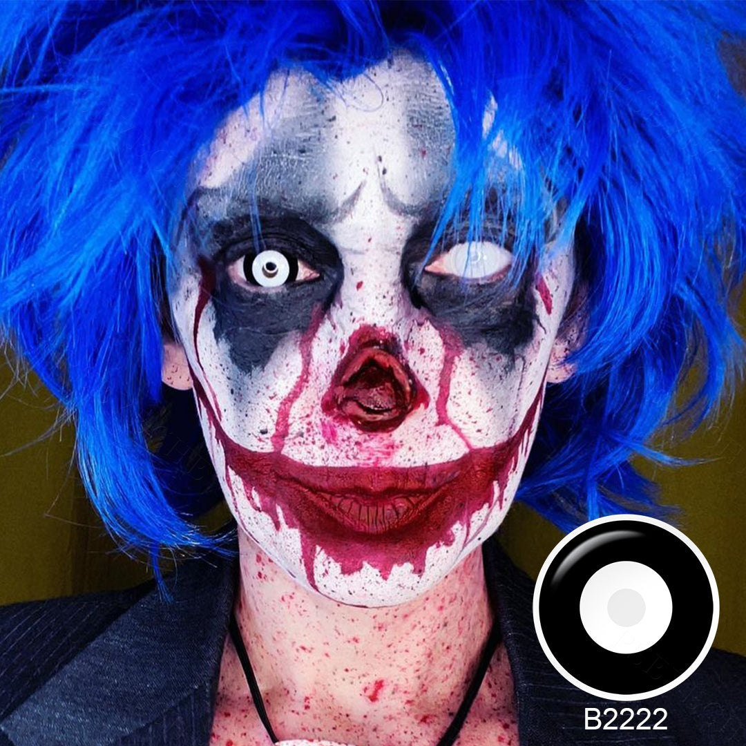 Grid display of 1 shade of Serial Killer 22mm Sclera Costume Contacts, which is B2222 ,with a close-up view of the lens pattern and the effect on a brown-eyed model