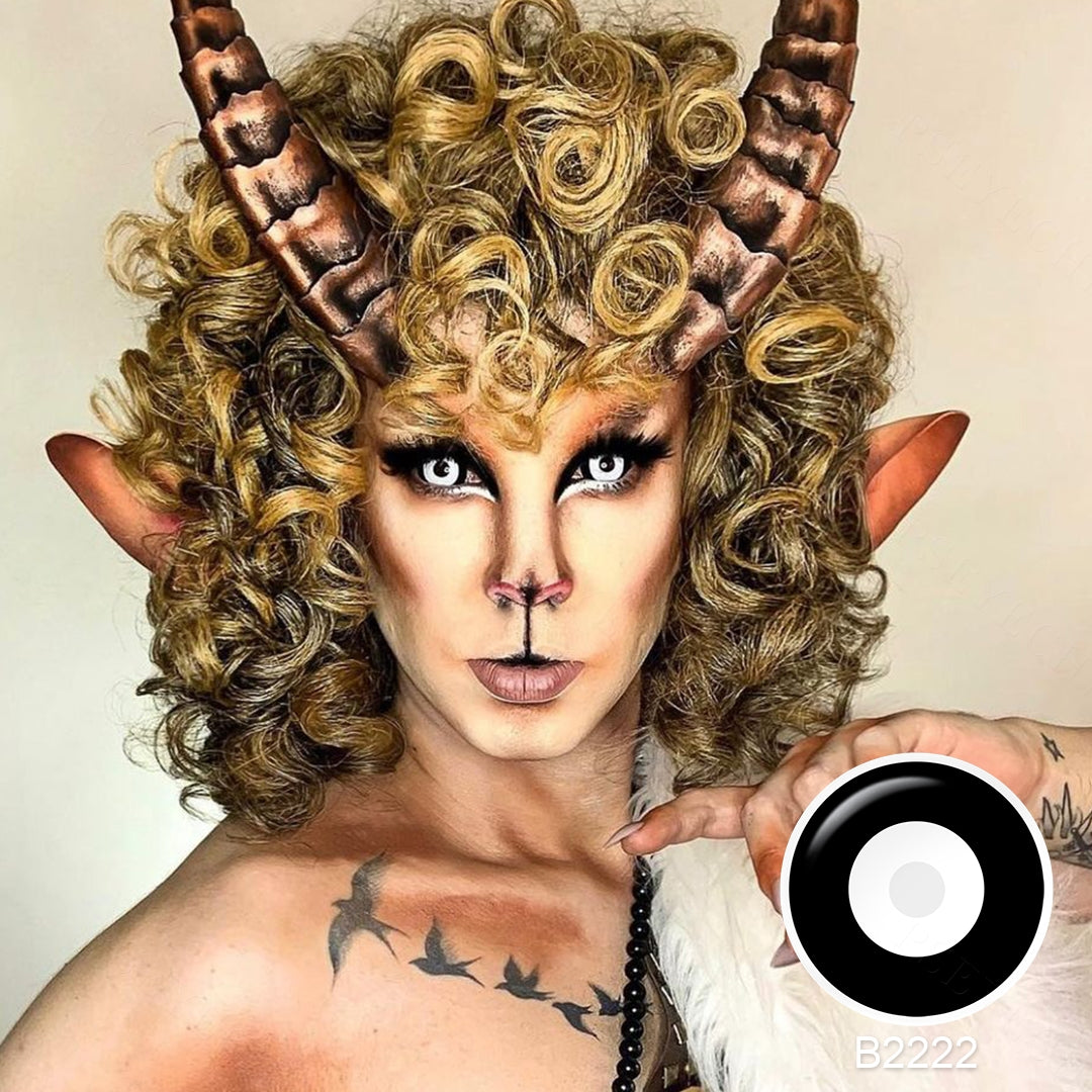 Grid display of 1 shade of Serial Killer 22mm Sclera Costume Contacts, which is B2222 ,with a close-up view of the lens pattern and the effect on a brown-eyed model